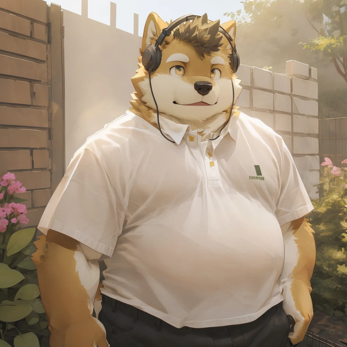 masterpiece, best quality, 8k resolution, Very detailed, hairy，Shiba Inu，(Black hair)，(((golden fur)))，(((Golden Eyes)))，Chubby，Chubby face，(((White shirt)))，(((Loose shirt)))，((Black pants))，Highest quality scene，(((Solitary)))，(((solitary)))，((Wearing headphones))，((garden))，(((Sunlight)))，(((Standing)))，(((Round face)))，(((whole body)))，(((Medium shot)))