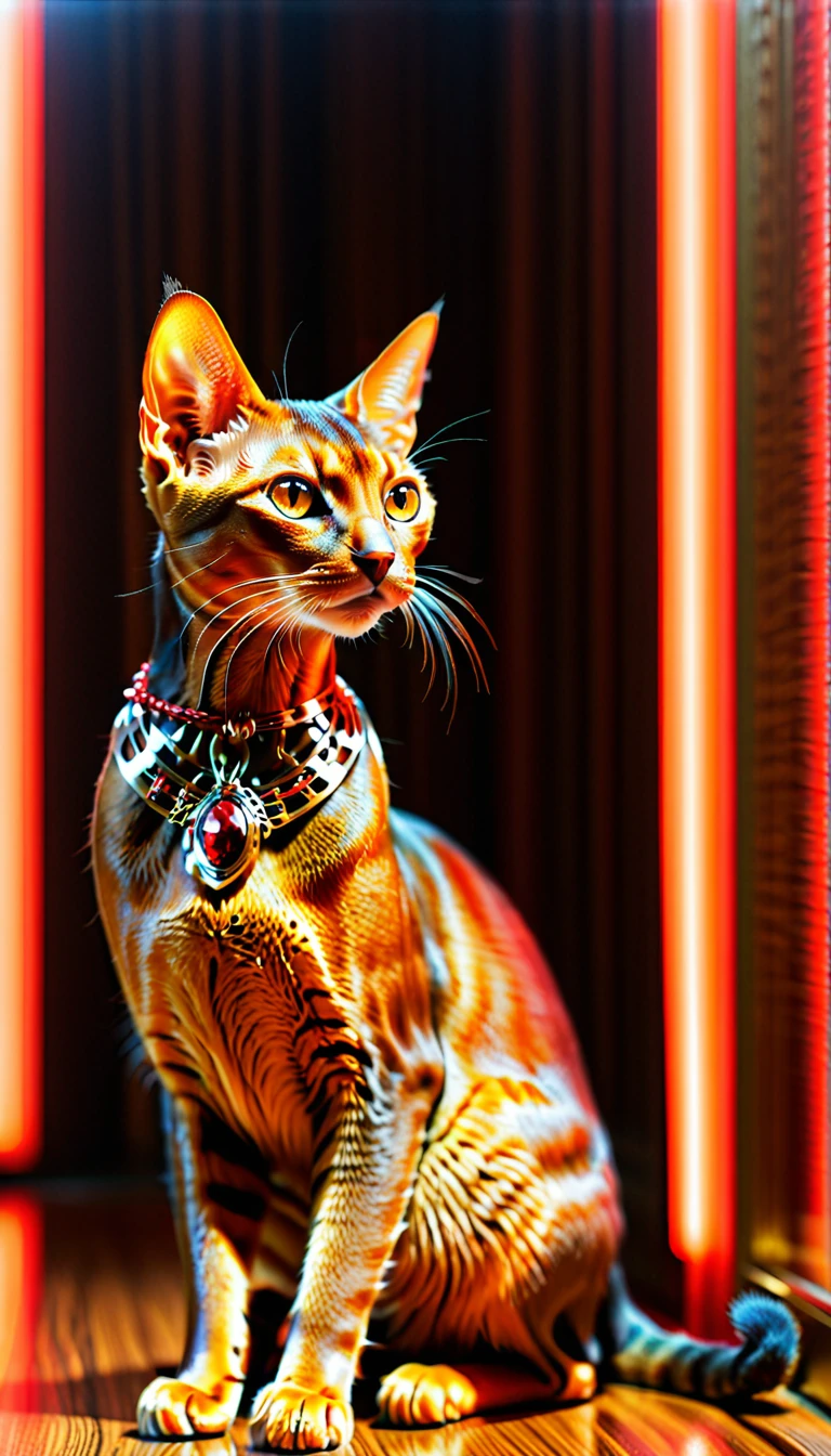 No hay nadie, foto realista, realism, Abisinio (Abisinio) gato, orientado al futuro, decoracion metalica, Luz roja brillante en el interior, interior hueco, polaco, trazado de rayos, composición perfecta, intrigatoe details, muy afilado, obra maestra, perfil, Alta resolución