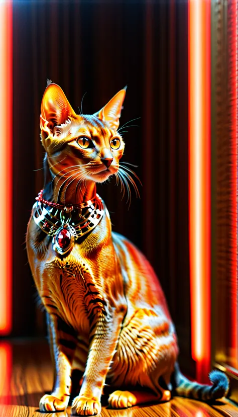There is no one, realistic photo, realism, Abyssinian (Abyssinian) cat, future oriented, metal decoration, Shining red light ins...