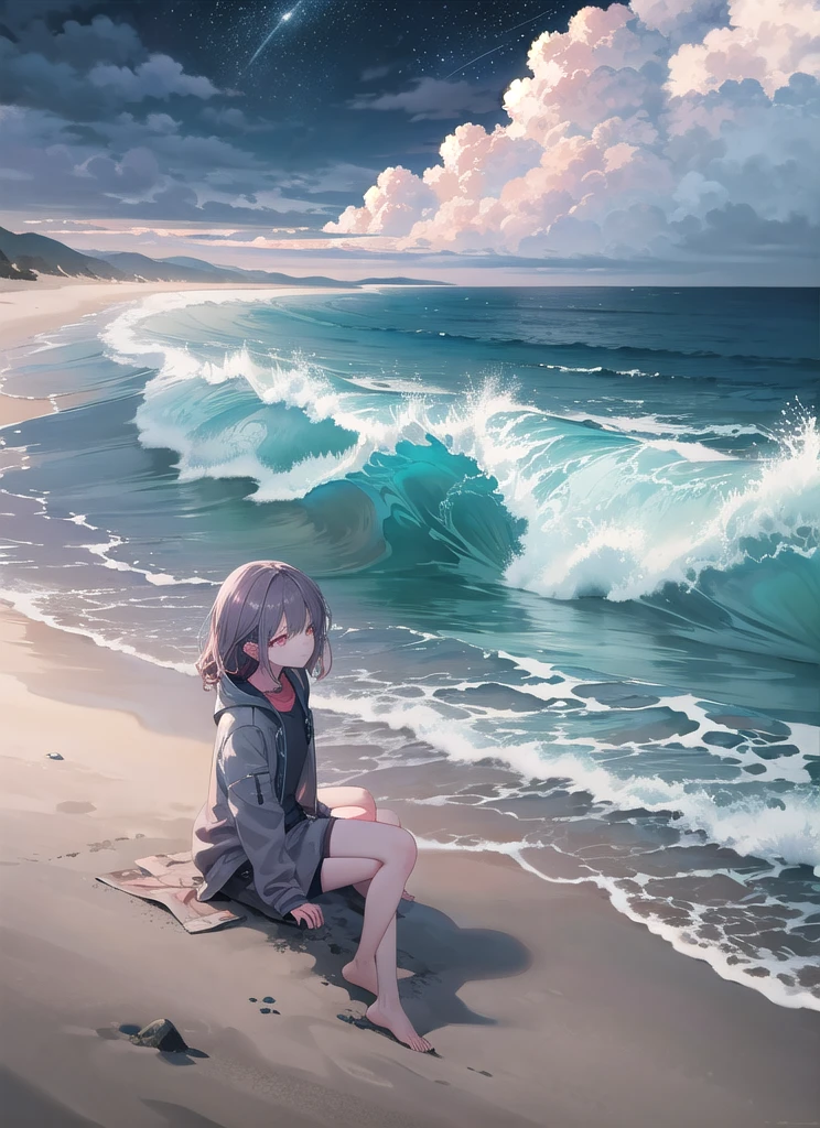 (masterpiece, best quality: 1.2), ultra detailed, cinematic lighting, HDR, illustration, landsape, 1girl, (soft colors), post-apocalyptic beach, the night, desolate atmosphere, girl sitting on the sand, covered vegetation, (overcast sky), waves crashing on the coast, (melancholic but hopeful), quiet moment of respite, (detailed textures), windswept hair, cloudy at night, albino, pale