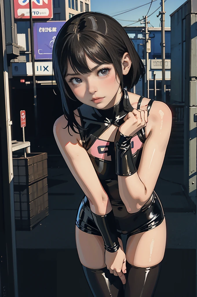 A girl around 24 years old(baby face、Slim body、Looks like 12 years old)Tights and other shorts(eraser)、Supermodel(flat chest)、Posing for photos、Cool pose、Graffiti art background、provocative、rude、lti kid、aldult、Anime girl in latex costume posing in front of a building, Ilya Kuvshinov. 4,000 yen, Ilya Kuvshinov style, style of Ilya Kuvshinov, artgerm and Ilya Kuvshinov, ペルソナ5 Art style wlop, Art style : Ilya Kuvshinov, Kuvshinov Ilya, Cyberpunk anime girl