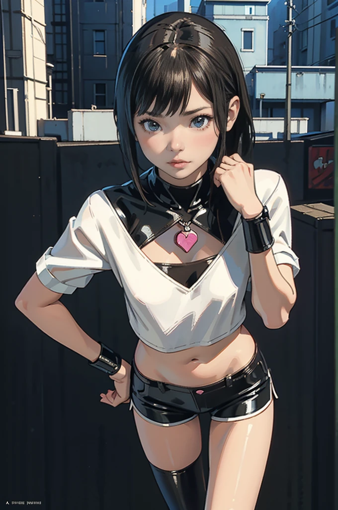 A girl around 24 years old(baby face、Slim body、Looks like 12 years old)Tights and other shorts(eraser)、Supermodel(flat chest)、Posing for photos、Cool pose、Graffiti art background、provocative、rude、lti kid、aldult、Anime girl in latex costume posing in front of a building, Ilya Kuvshinov. 4,000 yen, Ilya Kuvshinov style, style of Ilya Kuvshinov, artgerm and Ilya Kuvshinov, ペルソナ5 Art style wlop, Art style : Ilya Kuvshinov, Kuvshinov Ilya, Cyberpunk anime girl