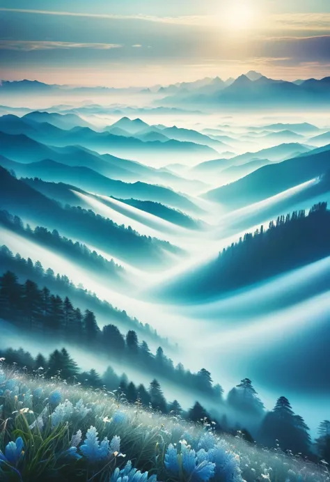    Mountain landscape in blue tones at sunrise time with sunrise as background. Mountain range in the distance covered with fog ...