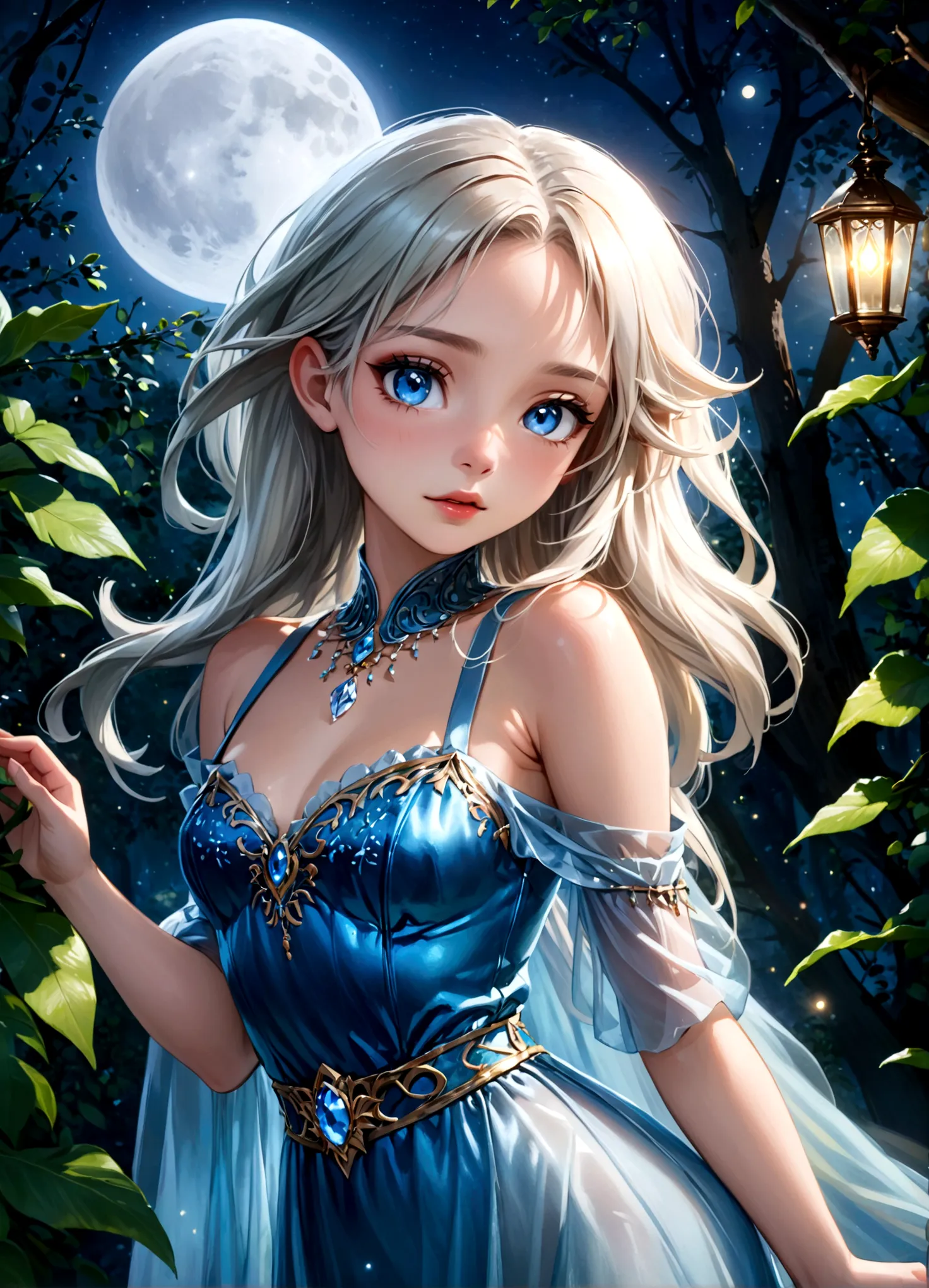A beautiful young moon elf with waist-length hair, pale skin, and crystal blue eyes, wearing a sheer crystal silk evening gown, ...