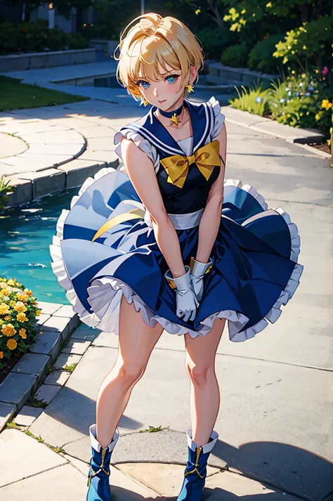 sailor uranus,one girl,blonde,blue choker,blue footwear,blue sailor collar,blue skirt,boots,choker,circlet,earrings,gloves,jewel...