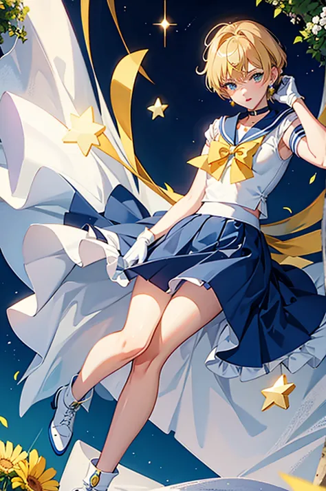 sailor uranus,one girl,blonde,blue choker,blue footwear,blue sailor collar,blue skirt,boots,choker,circlet,earrings,gloves,jewel...