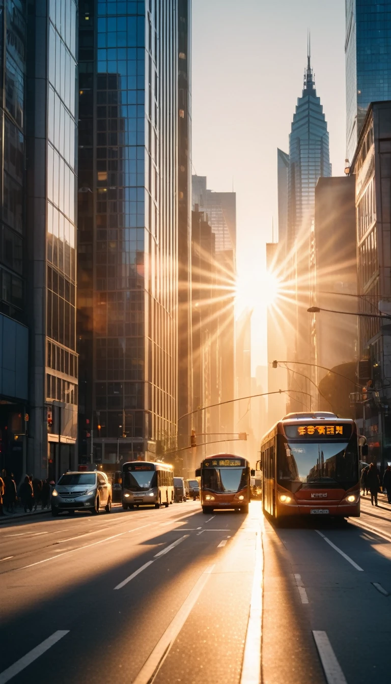 high quality, 8k, hyperrealistic, cinematic lighting, stunning 4k, ultra-detailed, photorealistic, a city street at sunrise, city skyline, sunlight streaming through skyscrapers, cars and buses on the road, people walking, detailed reflections, film grain, bokeh, harsh morning sunlight, 8k, flare