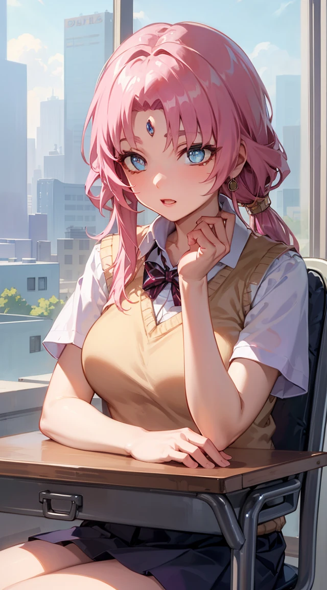 pink eye, pink hair,
BREAK (otonokizaka , pleated skirt, , short sleeves, skirt, summer uniform, sweater vest, yellow sweater vest,:1.2)
BREAK  sitting in an office chair, on a desk,
BREAK (masterpiece:1.2), best quality, high resolution, unity 8k wallpaper, (illustration:0.8), (beautiful detailed eyes:1.6), extremely detailed face, perfect lighting, extremely detailed CG, (perfect hands, perfect anatomy),