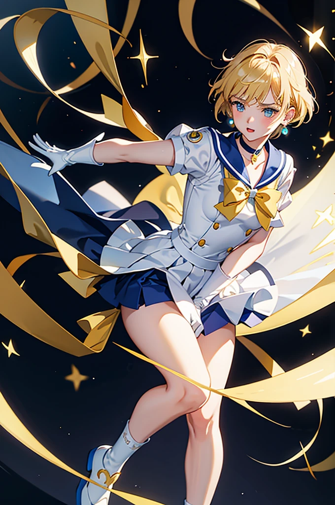 Sailor Uranus,One girl,Blonde,blue choker,Blue footwear,blue Sailor collar,blue skirt,boots,choker,Circlet,Earrings,gloves,jewelry,Magical girl,plant,Sailor collar,Sailor Mercury,Sailor Warrior Uniforms,Sailor Uranus,short hair,skirt,alone,star choker,tiara,very short hair,white gloves,Yellow ribbon, masterpiece、Highest quality、High resolution、High-quality images、8K, 1 female、Skin luster、Skin Texture、Expression of fine eyes, realism, detailed manga style, Manga art style, Perfect Line Drawing, Beautiful line art, digital manga art girl, clear, charm, 