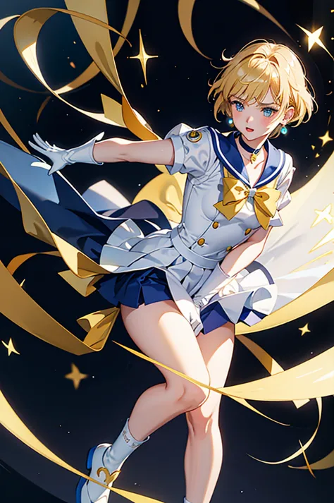 sailor uranus,one girl,blonde,blue choker,blue footwear,blue sailor collar,blue skirt,boots,choker,circlet,earrings,gloves,jewel...