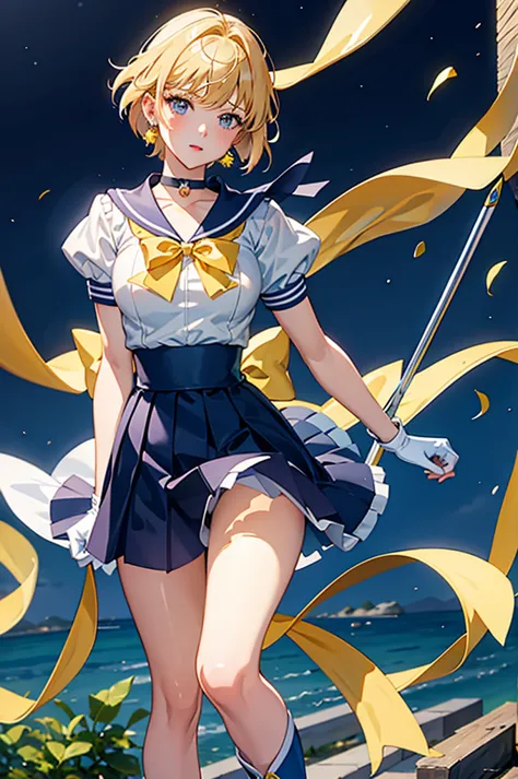 sailor uranus,one girl,blonde,blue choker,blue footwear,blue sailor collar,blue skirt,boots,choker,circlet,earrings,gloves,jewel...