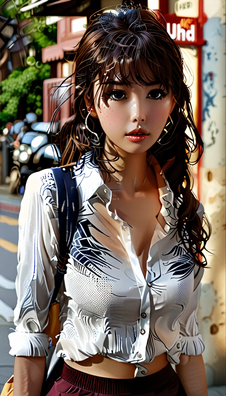 (((realistic photography))),, portrait, (afraid face:1.3),, beautiful girl, looking at viewer, , (school uniform:1.2), shirt buttoned and trousers, , (busty cleavage:1),, in the japan street, (environment details:1.3),, (RAW Photo, cg unity, photography, ultra realistic details, sharp focus, detailed skin,4k, high-res, masterpiece, best quality, realistic, vibrant:1.2),, (8k,4k, UHD, high resolution, professional, cinematic, movie, dramatic),, (anamorphic depth of field blur background), detailed background,