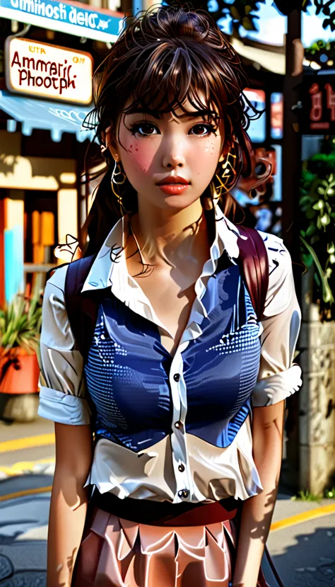 (((realistic photography))),, portrait, (afraid face:1.3),, beautiful girl, looking at viewer, , (school uniform:1.2), shirt but...