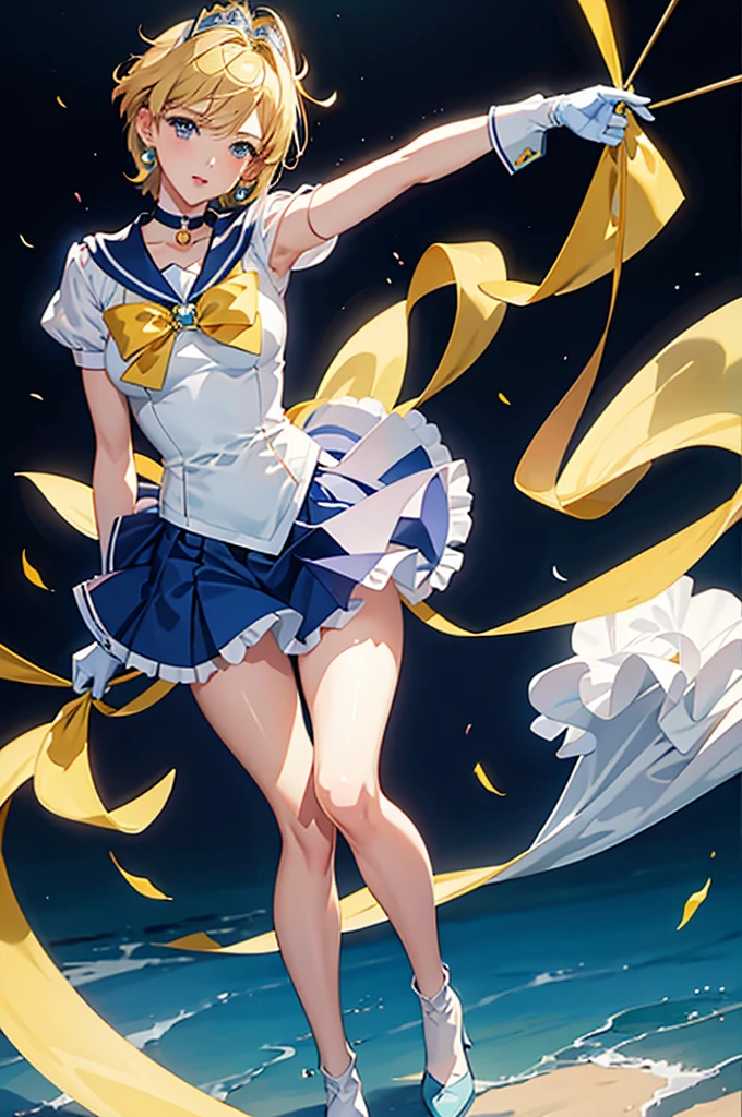 Sailor Uranus,One girl,Blonde,blue choker,Blue footwear,blue Sailor collar,blue skirt,boots,choker,Circlet,Earrings,gloves,jewelry,Magical girl,plant,Sailor collar,Sailor Mercury,Sailor Warrior Uniforms,Sailor Uranus,short hair,skirt,alone,star choker,tiara,very short hair,white gloves,Yellow ribbon, masterpiece、Highest quality、High resolution、High-quality images、8K, 1 female、Skin luster、Skin Texture、Expression of fine eyes, realism, detailed manga style, Manga art style, Perfect Line Drawing, Beautiful line art, digital manga art girl, clear, charm, naked, squat, Put your hands together above your head