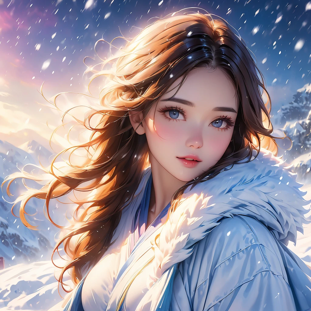 Highest quality, Super detailed, (Ultra-high resolution,8K), (In a blizzard:1.2), (Photorealistic), Bright lighting, Very Heavy Snow Colorful, Goddess-like beauty, Professional photography techniques, ((NSFW))