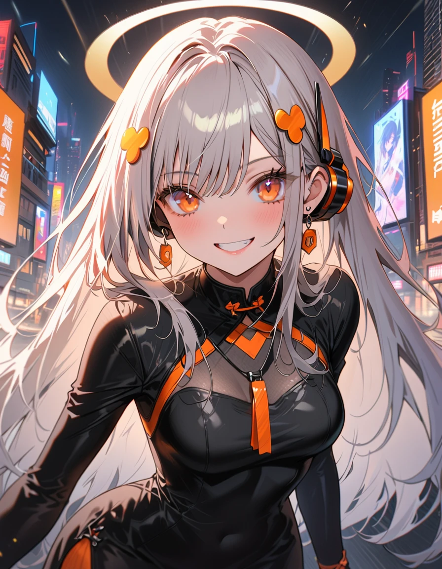 1 fille, debout_Diviser, Chinois_vêtements, argent liquide et mandarine, cyberhan, cheongsam, cyberpunk city, poses dynamiques, Écouteurs lumineux détaillés, accessoires pour cheveux brillants, cheveux longs, Luminous des boucles d&#39;oreilless, collier lumineux, cyberpunk, 高et la technologie城, full of mechanical and futuriste elements, futuriste, et la technologie, néons lumineux, Tangerine, Mandarine légère, tulle transparent, ruban transparent, laser, ciel de fond numérique, grande lune, Il y a une voiture, Meilleure qualité, chef-d&#39;œuvre, 8k, lumière de bord de personnage, détail ultra élevé, Haute qualité, La plus belle femme du monde, sourire, Face à la route et symétrique, des boucles d&#39;oreilles, Belle étudiante, Effets d&#39;éclairage, données visuelles, cheveux argentés, Texture visage ultra fine