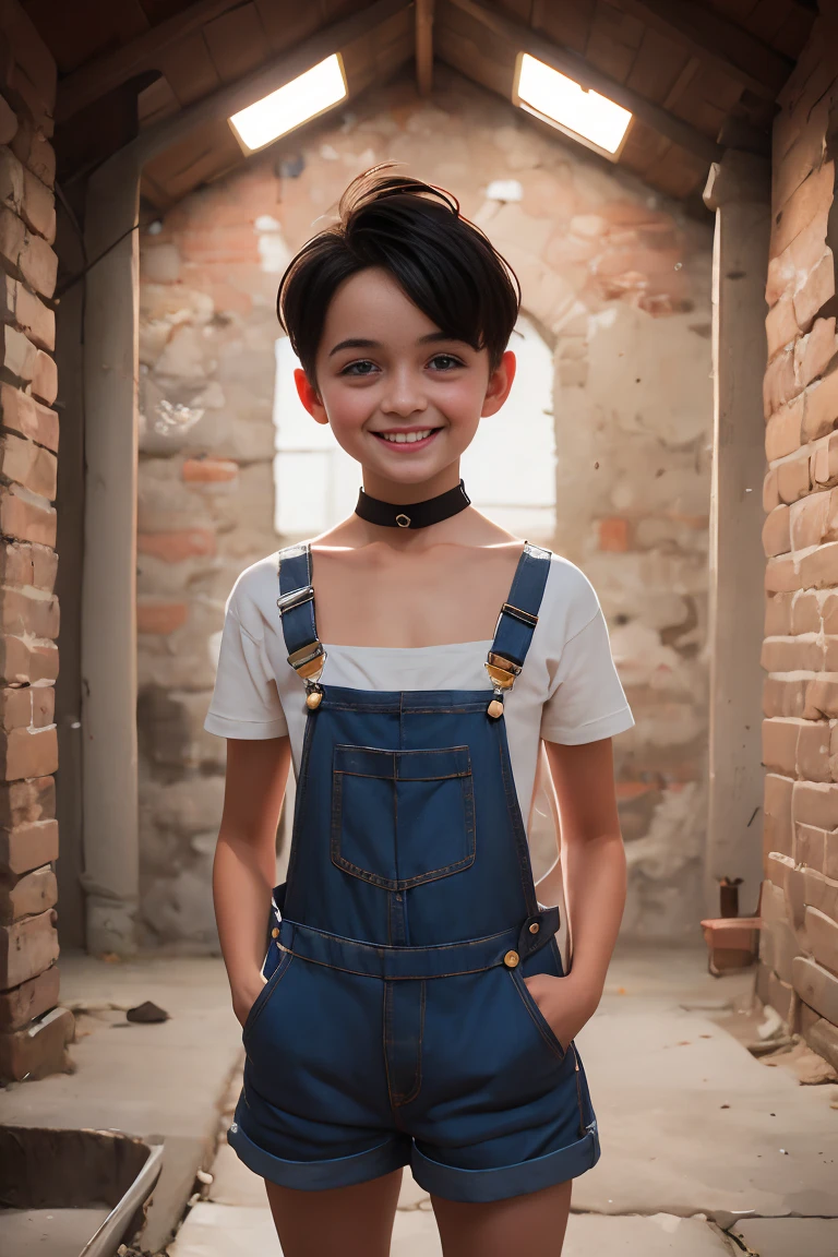 pretty girl, Looks about 14 years old (short hair), Height about 140 cm, Wearing very short overalls next to the skin, flat chest like a boy, Slender body, The wall is a concrete wall, Black Hair, eyeball, Surrealism, Blurred, Cinema Lighting, Bokeh, Very detailed, Anatomically correct, Accurate, Award-winning, 16K, The clothes are transparent, Short torso, Anatomically correct body balance, slightly plump figure, soft, artwork, naked overalls, Wear only overalls,  naked arms, choker, naked 、smile