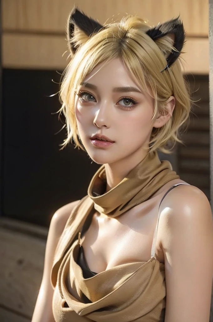 beautiful furry girl, short yellow hair with cat ears, wearing a scarf around her neck, wearing a bra, big  beautiful detailed eyes, beautiful detailed lips, extremely detailed face, long eyelashes, portrait, fantasy, realistic, photorealistic, 8k, high quality, masterpiece, vibrant colors, soft lighting