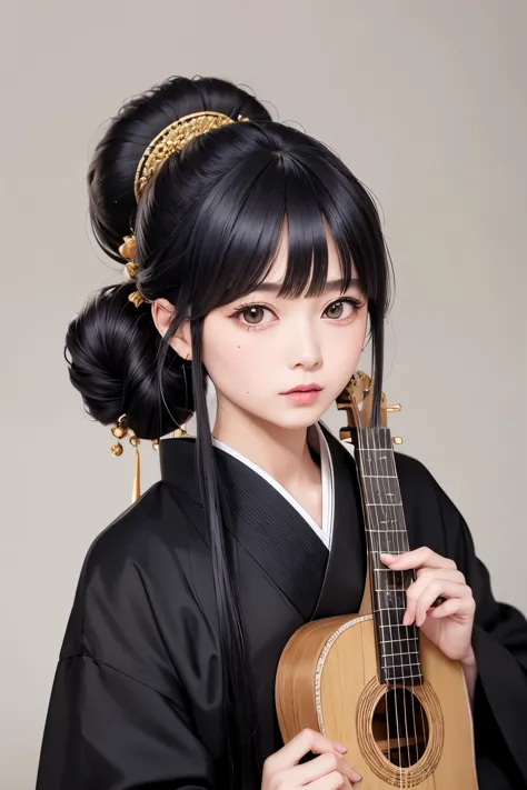 British 18th century wig、Updo、Tie your hair up on top of your head、Shamisen、Square guitar、Shamisenを持つ、Mourning clothes、Black clo...