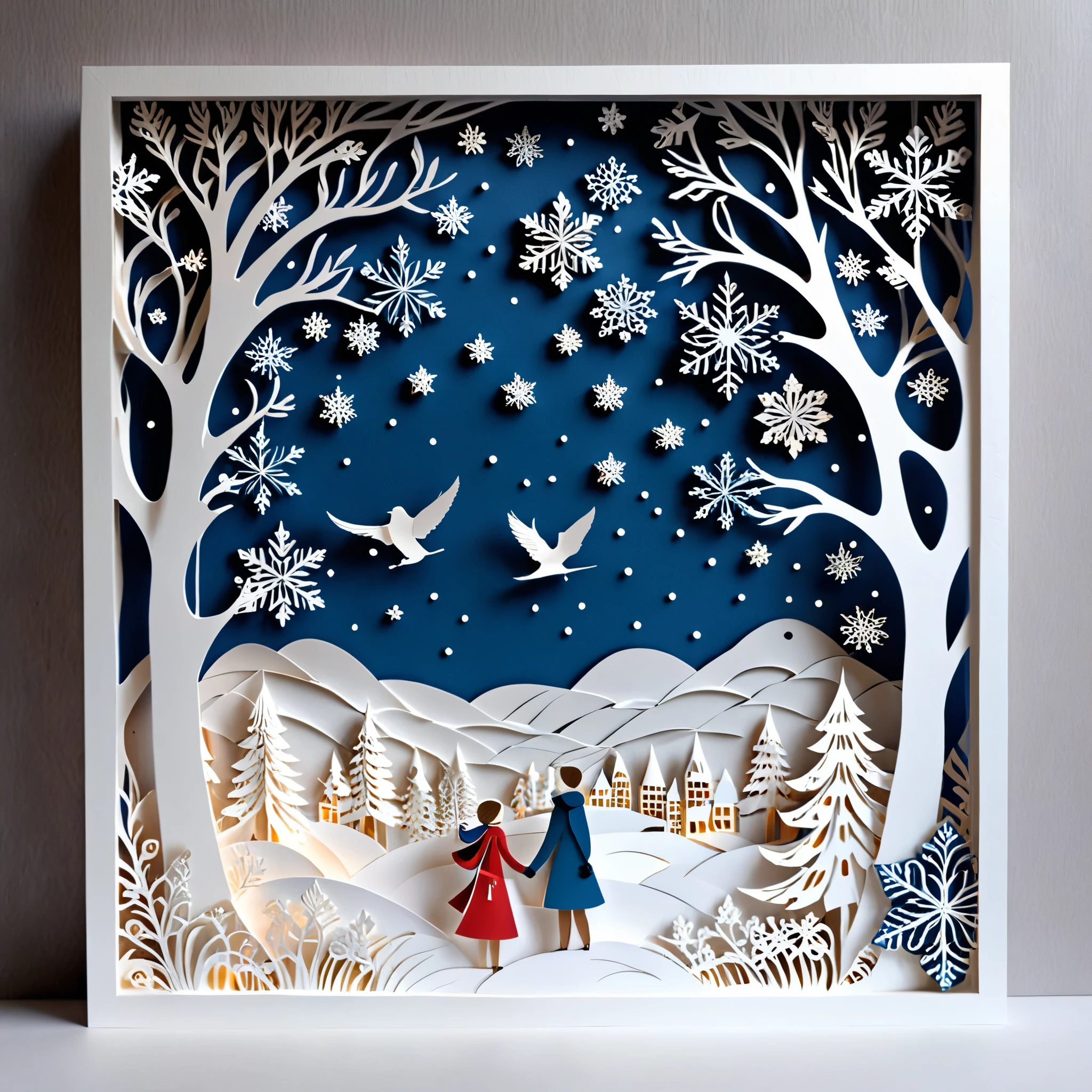 Create a detailed paper cutout artwork depicting a scene that combines snow with intricate patterns. The scene should include delicate snowflakes falling gently, each flake featuring unique and elaborate patterns. The background should incorporate swirling designs and geometric shapes that complement the snowflakes, creating a seamless blend between the natural and the abstract. The artwork should evoke a sense of tranquility and beauty, capturing the serene and intricate nature of snow and patterns. The overall mood should be elegant and peaceful, highlighting the delicate artistry of winter through detailed design.