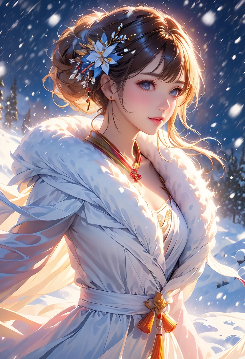 Highest quality, Super detailed, (Ultra-high resolution,8K), (In a blizzard:1.2), (Photorealistic), Bright lighting, Very Heavy Snow Colorful, Goddess-like beauty, Professional photography techniques, ((NSFW))