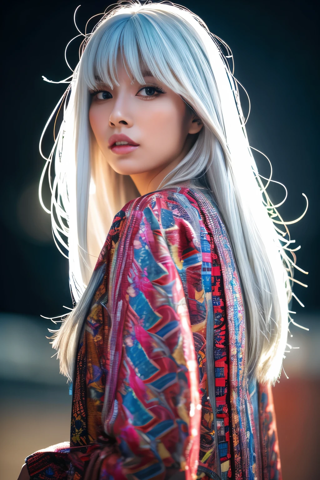 Masterpiece, high quality, high resolution, 8K, (solo:1.2), ((1girl)), Japanese woman, detailed face, detailed eyes, correct body structure, upper body, ((White hair:1.2)), very long hair, messy hair, slender body, seductive silhouette, luminous bones, depth of field, dark photo at nighttime, dimly lit, bangs, Cinematic Lighting, Tyndall effect, abstract background, futuristic outfits, vibrant colors, modern style, wide sleeves, artistic, unique patterns, colorful, stylish, trendy