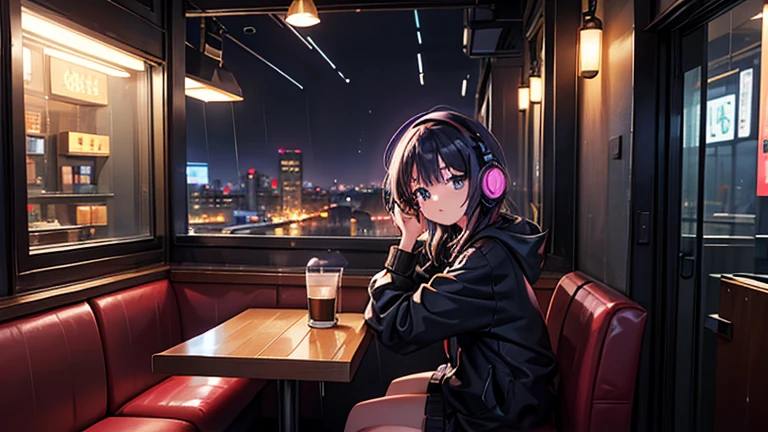 mujer de 20 años, estilo anime de los 90, lluvia, cafetería,, Mujer con auriculares, Café nocturno,Escuchar música solo, pop urbano, baja calidad, Lo-Fi, enfriar, tarde en la noche, Asientos de mostrador de cafetería con estilo, cuarto oscuro, vista nocturna futurista fuera de la ventana, cuarto oscuro