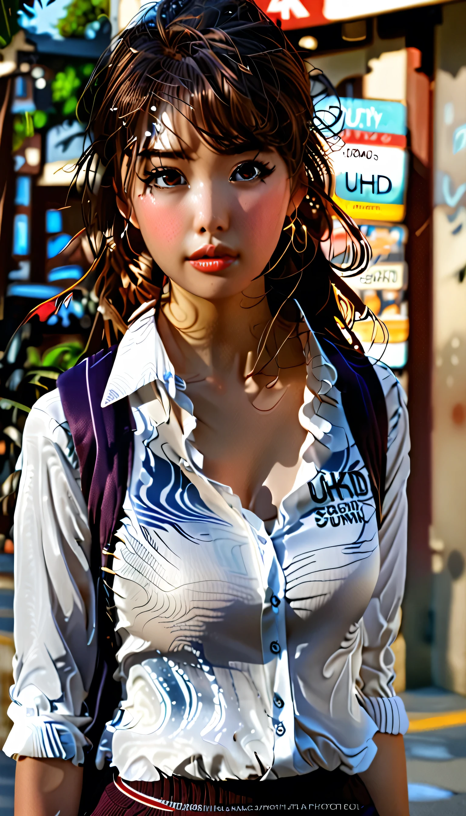 (((realistic photography))),, portrait, (afraid face:1.3),, beautiful girl, looking at viewer, , (school uniform:1.2), shirt buttoned and trousers, , (busty cleavage:1),, in the japan street, (environment details:1.3),, (RAW Photo, cg unity, photography, ultra realistic details, sharp focus, detailed skin,4k, high-res, masterpiece, best quality, realistic, vibrant:1.2),, (8k,4k, UHD, high resolution, professional, cinematic, movie, dramatic),, (anamorphic depth of field blur background), detailed background,