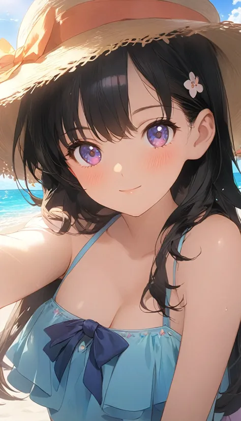 anime girl laying on the beach with a hat on, anime visual of a cute girl, cute anime girl, 4k anime wallpaper, beautiful anime ...