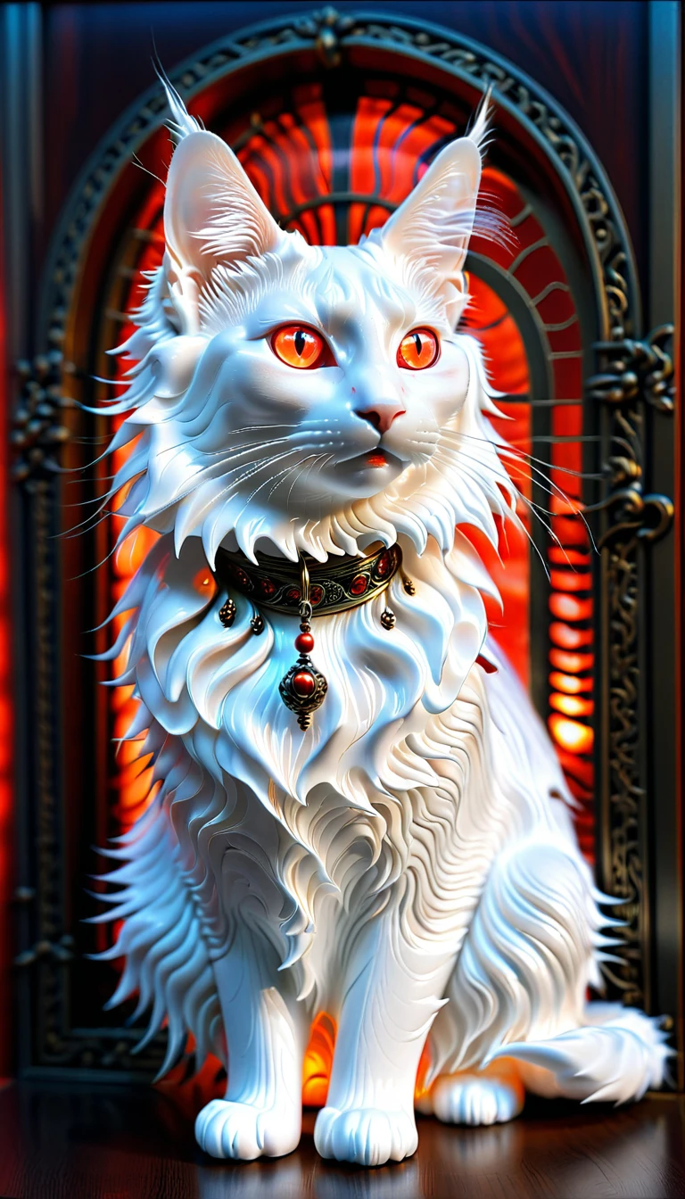 Il n&#39;y a personne, photo réaliste, le réalisme, Angora turc (Angora turc) chat, tourné vers le futur, décoration en métal, Lumière rouge brillante à l&#39;intérieur, intérieur creux, polonais, Tracé laser, composition parfaite, intrichate details, Très pointu, chef-d&#39;œuvre, profil, haute résolution