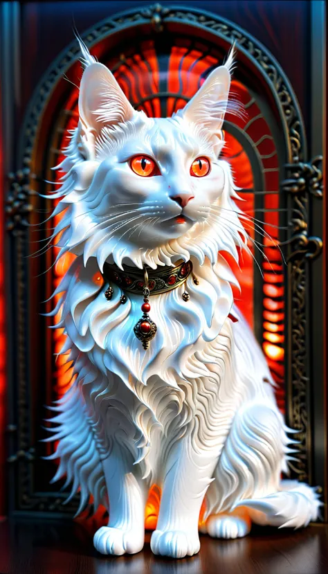 There is no one, realistic photo, realism, Turkish Angora (Turkish Angora) cat, future oriented, metal decoration, Shining red l...