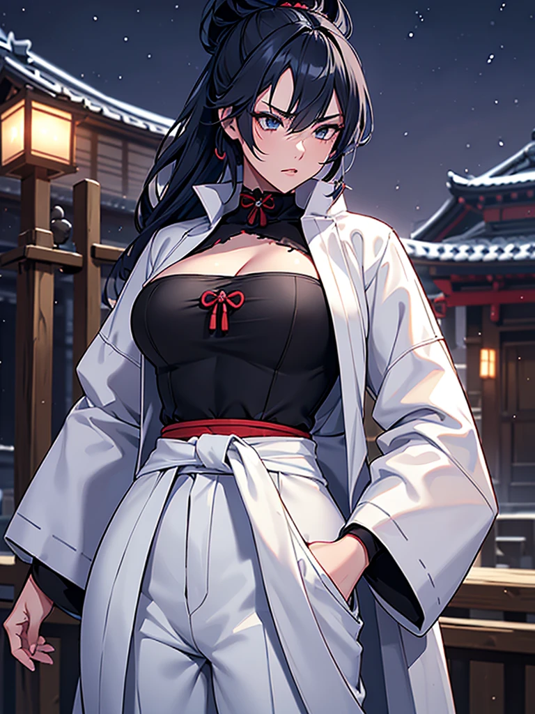 a female samurai, beautiful detailed eyes, beautiful detailed lips, extremely detailed face, long eyelashes,hyper realistic lighting,(super detailed:1.3),((best quality:1.2)),((masterpiece:1.2)),female focus,lonely beauty,(nighttime:1.6),(standing in a medieval europe castletown),cowboy shot,cleavage,((chest sarashi:1.125)),topknot,muted dark blue hair,white samurai coat,(black samurai pants:1.3),(angry:1.1),(wearing one sleeve),(ripped clothing:1.4)