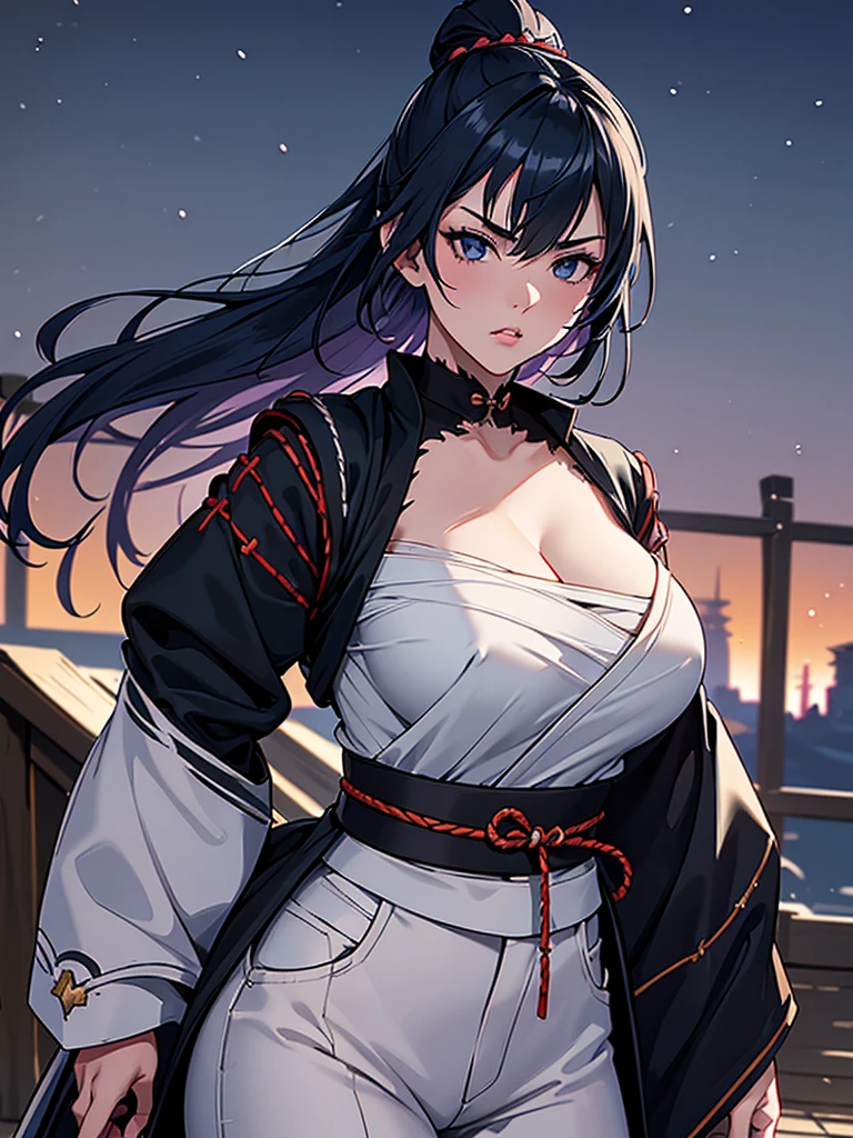 a female samurai, beautiful detailed eyes, beautiful detailed lips, extremely detailed face, long eyelashes,hyper realistic lighting,(super detailed:1.3),((best quality:1.2)),((masterpiece:1.2)),female focus,lonely beauty,(nighttime:1.6),(standing in a medieval europe castletown),cowboy shot,cleavage,((chest sarashi:1.125)),topknot,muted dark blue hair,white samurai coat,(black samurai pants:1.3),(angry:1.1),(wearing one sleeve),(ripped clothing:1.4)