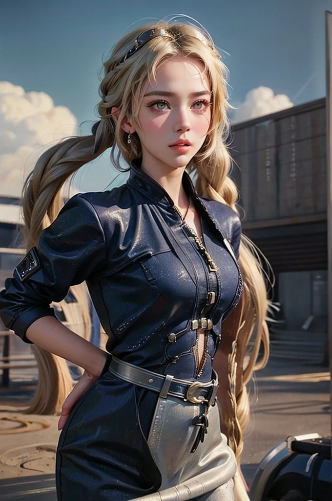 1girl, female pilot, blonde hair, long braids, flight suit, extremely detailed face and eyes, beautiful detailed lips, longeyelashes, muscular body, athletic, confident expression, posing, outdoor scene, field, dramatic sky, cinematic lighting, vibrant colors, high quality, photorealistic