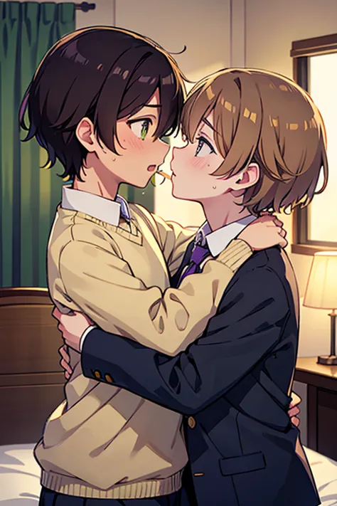 Two gay boys kissing, Shoulders and neck, Sweatをかいた, hot, hug, Sexy,  Stayed, bedroom, bed, in bed, Dark Room, lamp, Lie, Face t...