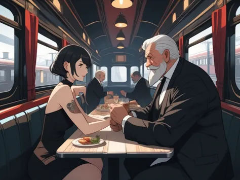  1 old man, fat, mafia boss, white beard , 45 years old, black expensive suite, white short hair, tattos, in  an old train, with...