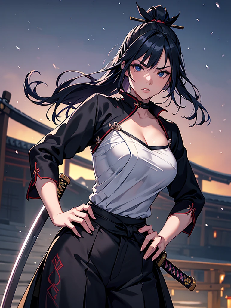 a female samurai, beautiful detailed eyes, beautiful detailed lips, extremely detailed face, long eyelashes,hyper realistic lighting,(super detailed:1.3),((best quality:1.2)),((masterpiece:1.2)),female focus,lonely beauty,(nighttime:1.6),(standing in a medieval europe castletown),cowboy shot,cleavage,((chest sarashi:1.125)),topknot,muted dark blue hair,white samurai coat,(black samurai pants:1.3),(angry:1.1),(wearing one sleeve),(ripped sleeve:1.4),(katana sword on hip:1.2)