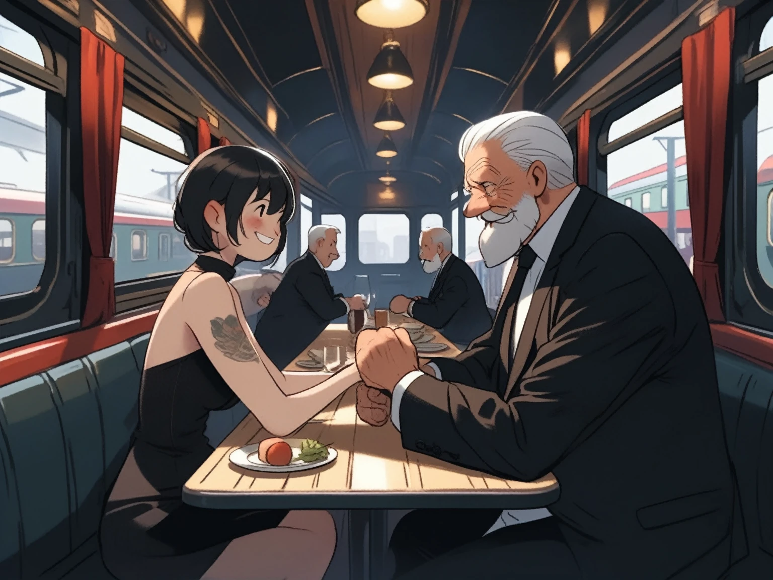  1 old man, fat, happy mafia boss, white beard , 45 years old, black expensive suite, white short hair, tattos, in  an old train, with his secretary, a woman young, black  short, black hair, holding her hand, romantic setting dinner, outside view of the train, she is smiling
holding hands
