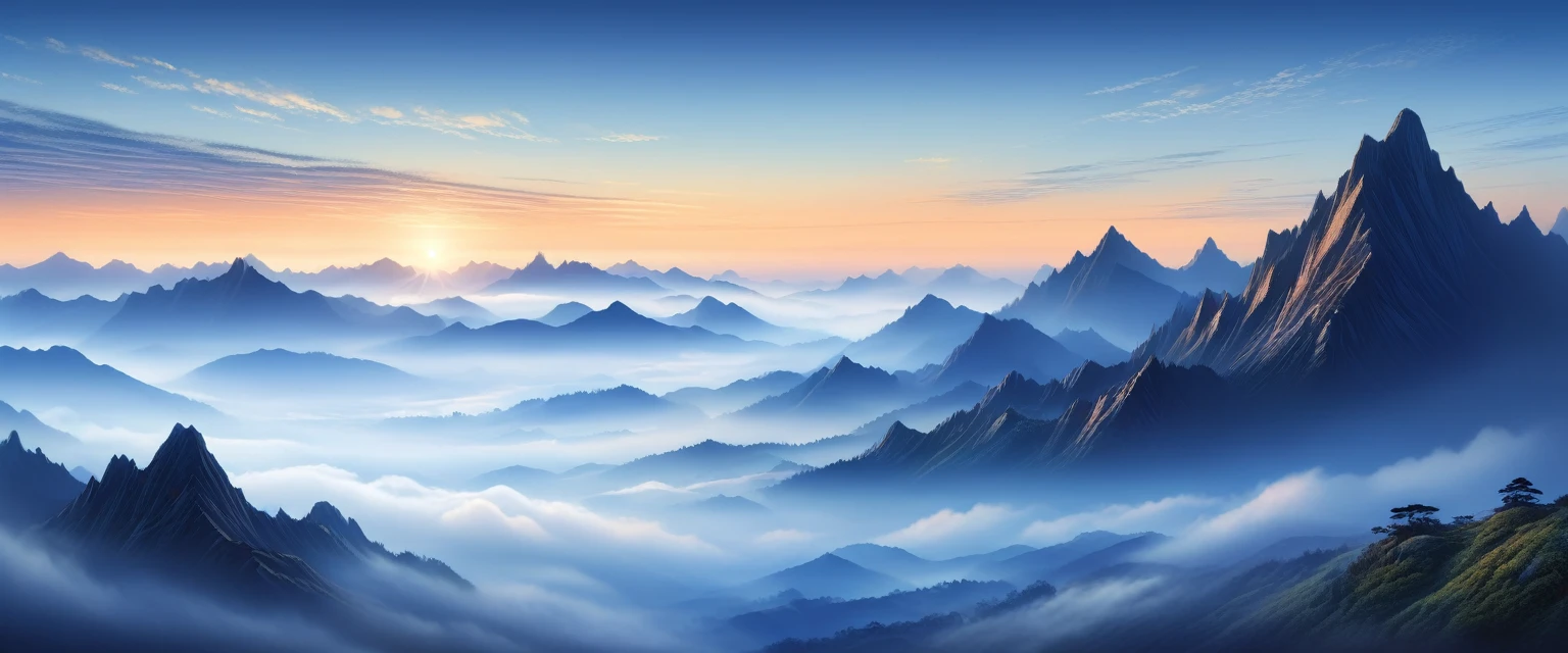 Mountain landscape in blue tones at sunrise time with sunrise as background. Mountain ranges in the distance are covered with fog and low clouds. Misty mountains mist., Mountains are like ink paintings, foggy valleys, foggy morning scenery, sea of clouds, morning light, peaceful and dreamy atmosphere, distant views，Super Depth of Field，Ultra wide angle，The intricacies of microfocal length lenses、High-detail shooting, delicate art, realistic and ultra-detailed digital art style