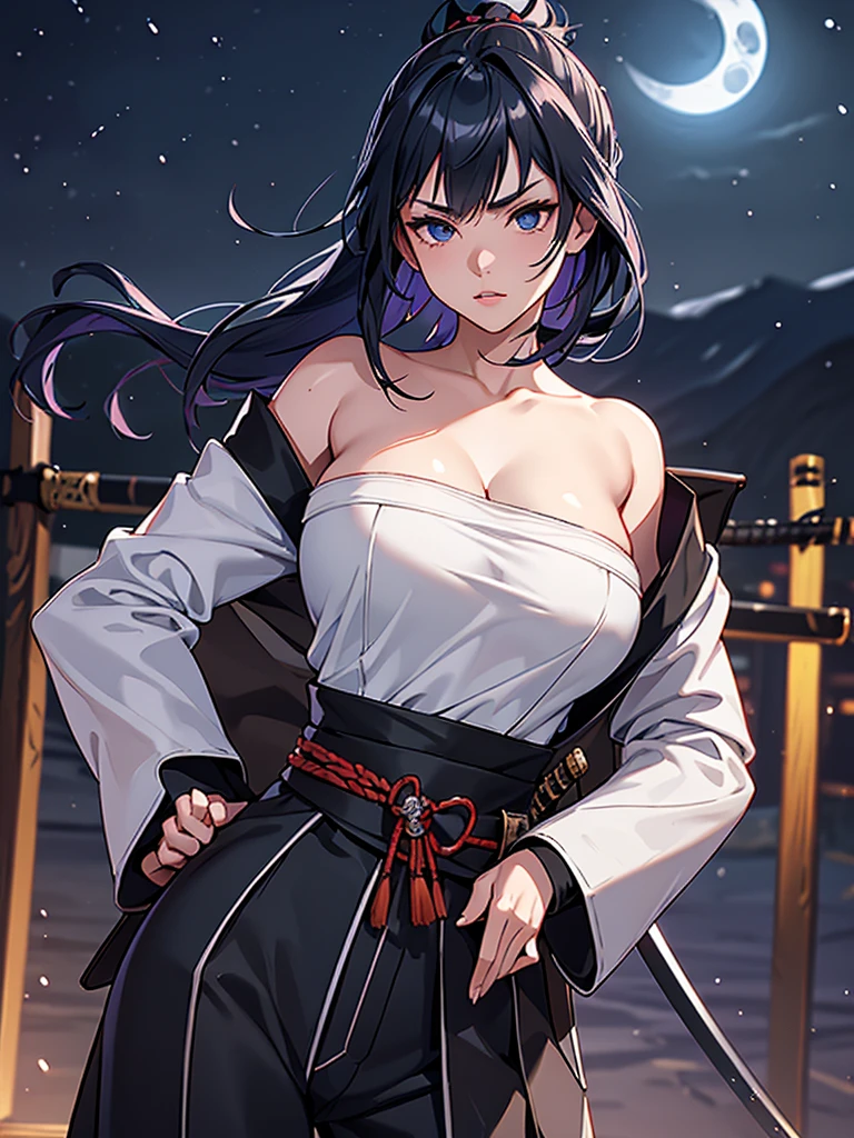 a female samurai, beautiful detailed eyes, beautiful detailed lips, extremely detailed face, long eyelashes,hyper realistic lighting,(super detailed:1.3),((best quality:1.2)),((masterpiece:1.2)),female focus,lonely beauty,(nighttime:1.6),(standing in a medieval europe castletown),cowboy shot,cleavage,((chest sarashi:1.125)),topknot,muted dark blue hair,white samurai coat,(black samurai pants:1.3),(angry:1.05),(wearing one sleeve),(ripped sleeve:1.4),(katana sword on hip:1.2),ripped clothing