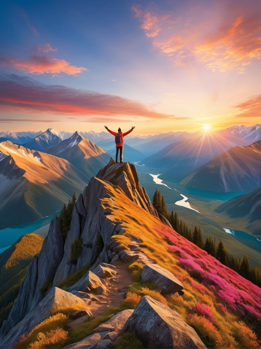 Illustrate a solitary figure atop a mountain peak during a glorious sunrise. The individual is seen with their arms stretched wide, embodying a sense of achievement and , echoing the magnificence of the natural landscape. The scene is flooded with bright, vibrant colors and the light of dawn creates dramatic shadows, enhancing the grandeur of the environment. The vantage point is similar to that offered by a wide-angle lens, providing a panoramic view of the vast wilderness, under the theme of adventure and exploration.