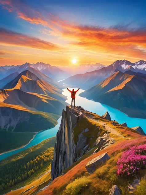 Illustrate a solitary figure atop a mountain peak during a glorious sunrise. The individual is seen with their arms stretched wi...