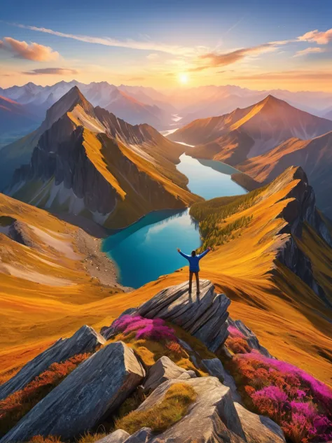 Illustrate a solitary figure atop a mountain peak during a glorious sunrise. The individual is seen with their arms stretched wi...