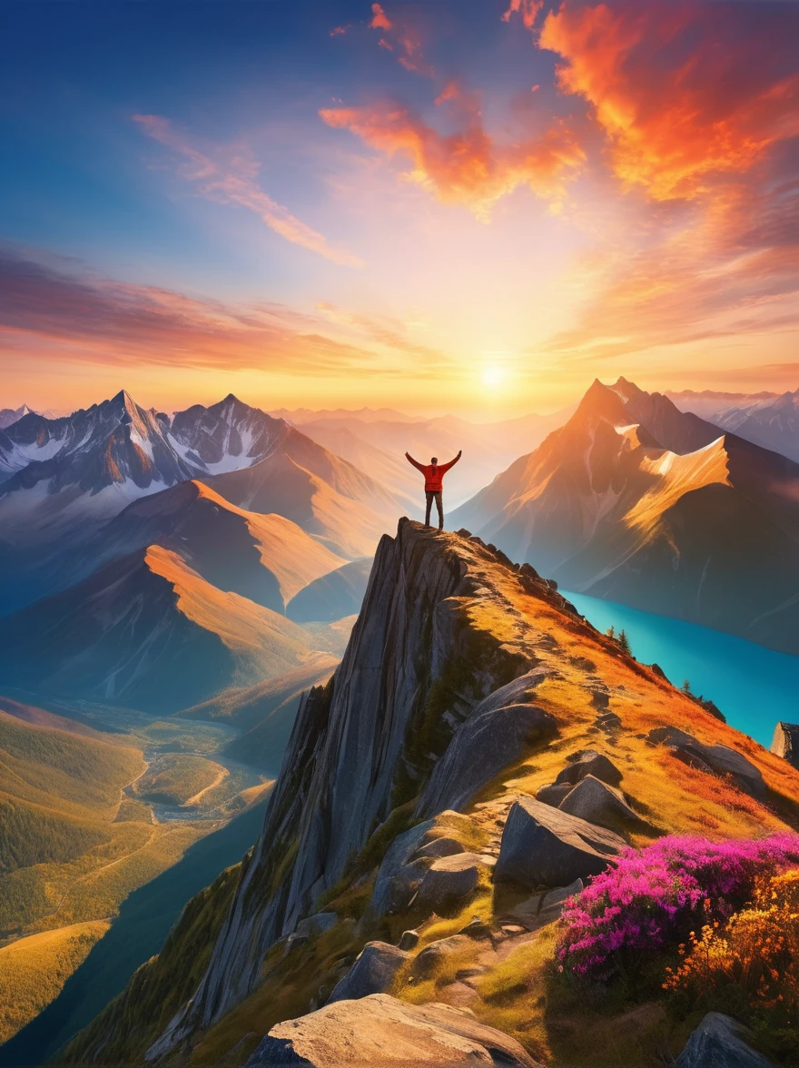 Illustrate a solitary figure atop a mountain peak during a glorious sunrise. The individual is seen with their arms stretched wide, embodying a sense of achievement and , echoing the magnificence of the natural landscape. The scene is flooded with bright, vibrant colors and the light of dawn creates dramatic shadows, enhancing the grandeur of the environment. The vantage point is similar to that offered by a wide-angle lens, providing a panoramic view of the vast wilderness, under the theme of adventure and exploration.