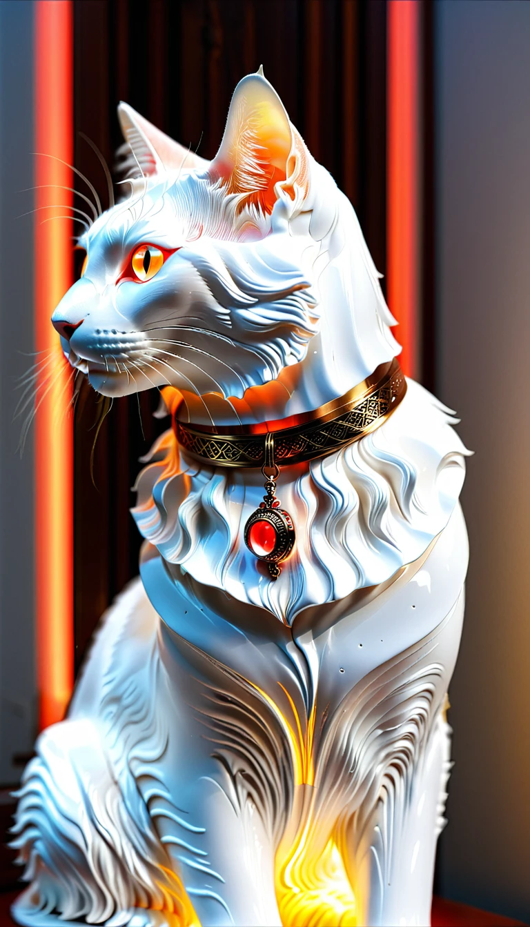 There is no one, realistic photo, realism, half turkish (Turkish Van) cat, future oriented, metal decoration, Shining red light inside, hollow interior, Polish, ray tracing, perfect composition, intricate details, Very sharp, masterpiece, profile, high resolution