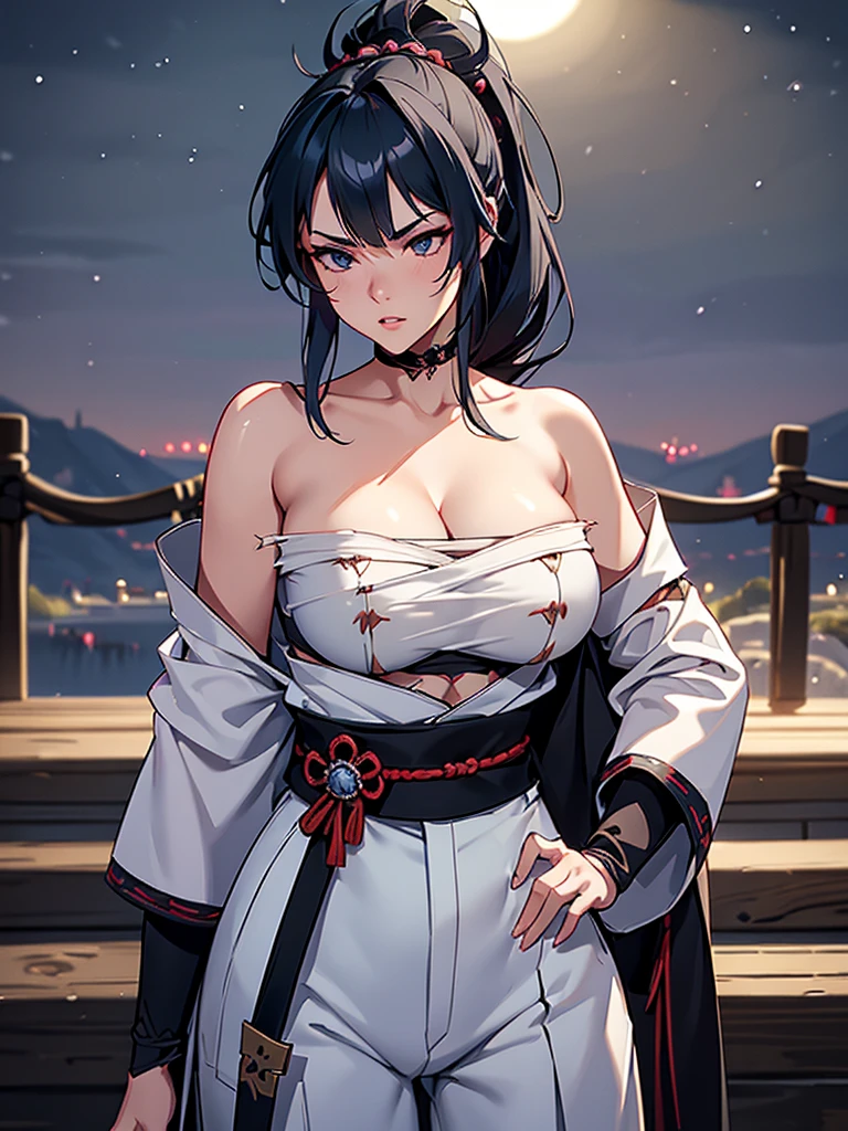 a female samurai, beautiful detailed eyes, beautiful detailed lips, extremely detailed face, long eyelashes,hyper realistic lighting,(super detailed:1.3),((best quality:1.2)),((masterpiece:1.2)),female focus,lonely beauty,(nighttime:1.6),(standing in a medieval europe castletown),cowboy shot,cleavage,((chest sarashi:1.125)),topknot,muted dark blue hair,white samurai coat,(black samurai pants:1.3),(angry:1.05),(wearing one sleeve),(ripped sleeve:1.4),(katana sword on hip:1.06),(ripped clothing:1.4)