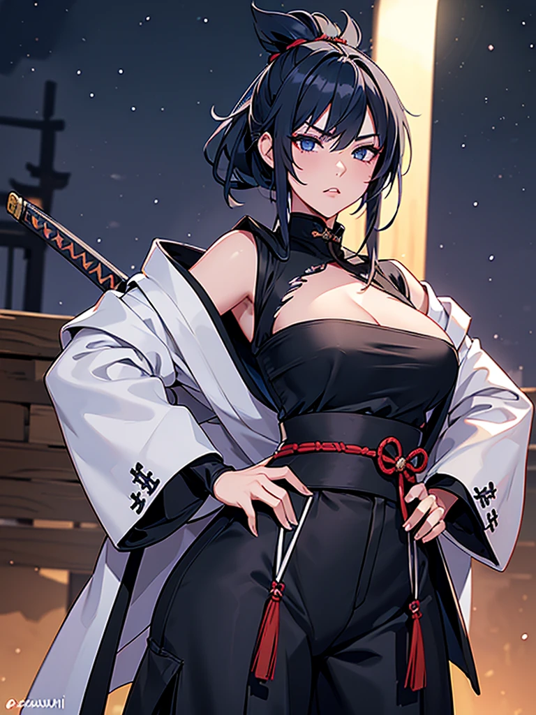 a female samurai, beautiful detailed eyes, beautiful detailed lips, extremely detailed face, long eyelashes,hyper realistic lighting,(super detailed:1.3),((best quality:1.2)),((masterpiece:1.2)),female focus,lonely beauty,(nighttime:1.6),(standing in a medieval europe castletown),cowboy shot,cleavage,((chest sarashi:1.125)),topknot,muted dark blue hair,white samurai coat,(black samurai pants:1.3),(angry:1.05),(wearing one sleeve),(ripped sleeve:1.4),(katana sword on hip:1.06),(ripped clothing:1.4)