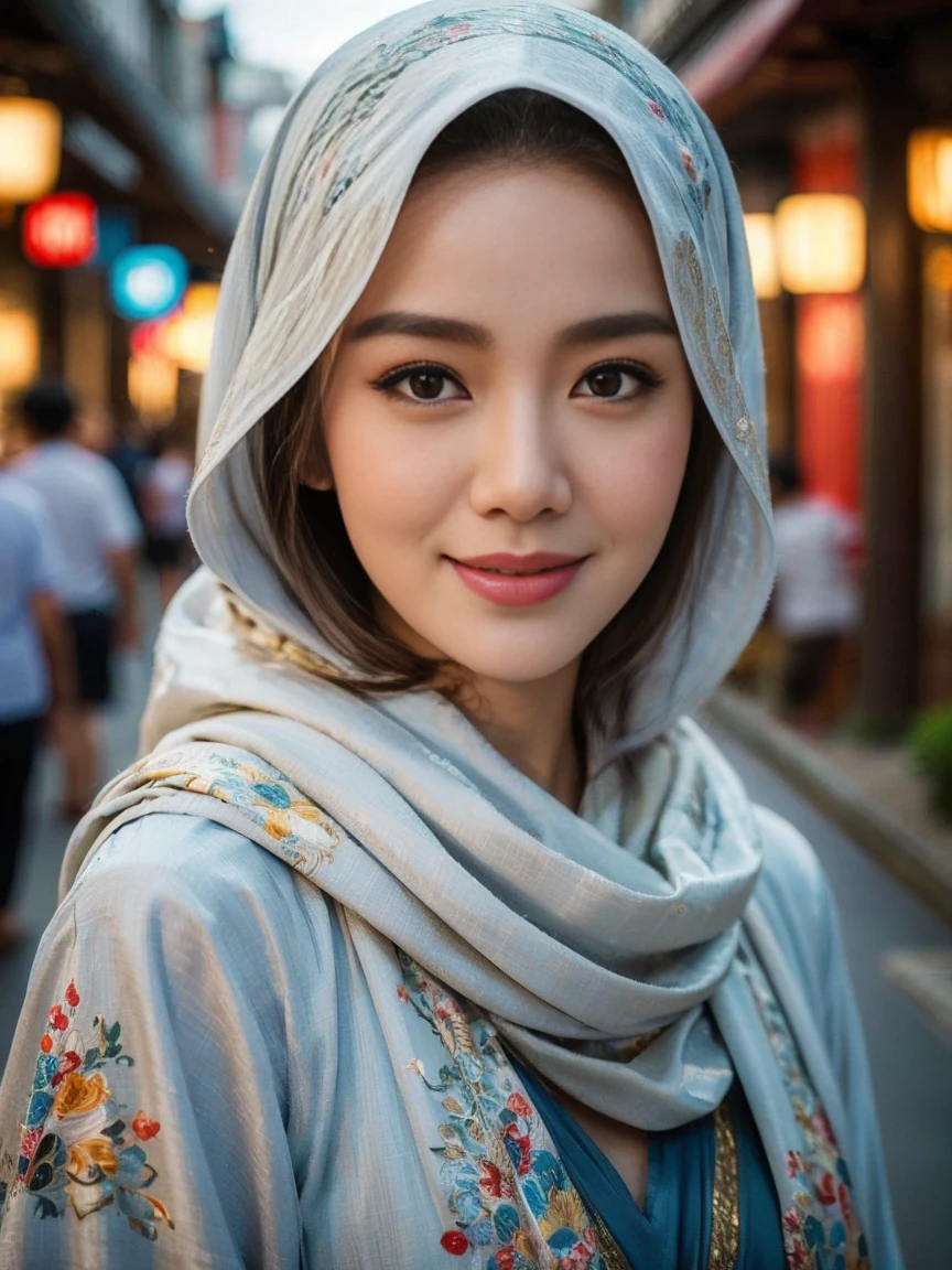 Best quality, masterpiece, realistic photos, intricate details, original photos, wearing traditional baju kurung, ultra-detailed, detailed faces, detailed skins, trends on artstation, 8k masterpieces, cinematic lighting, ((1girl)), ((solo)), rounded breast, slim fit body, long hijab, eid mubarak in malay village, half body