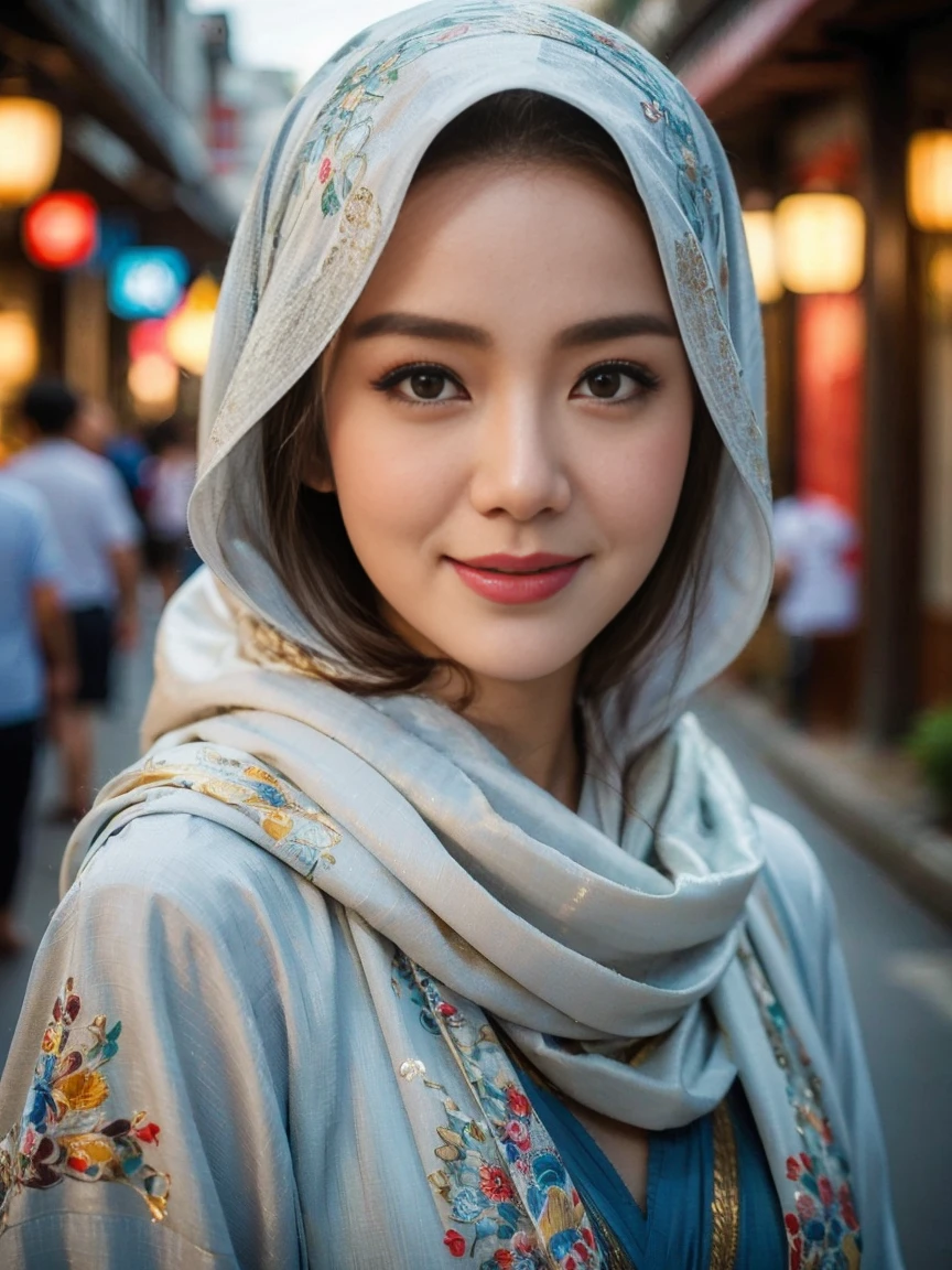 Best quality, masterpiece, realistic photos, intricate details, original photos, wearing traditional baju kurung, ultra-detailed, detailed faces, detailed skins, trends on artstation, 8k masterpieces, cinematic lighting, ((1girl)), ((solo)), rounded breast, slim fit body, long hijab, eid mubarak in malay village, half body