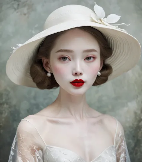 beautiful araped woman in dress with white hat and red lips, pale porcelain white skin, guweizu, guweizu masterpiece, artwork in...